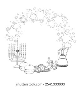 Vector Hanukkah symbols for coloring. Holiday menorah, traditional Jewish holiday food round label template in black white. Sufganiyot, dreidel, coins, donuts and stars of David for bags and greetings