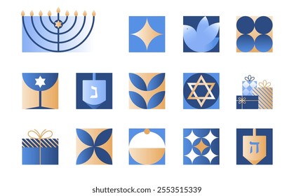 Vector Hanukkah symbols set.Festive emblems with menorah,dove,latkes,dreidel,David star ,gifts in blue,gold and white colors.Jewish festival of lights icons for prints,covers,invitations,social media.