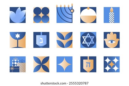 Vector Hanukkah symbols set.Festive emblems with menorah,dove,hamsa,dreidel,David star,gifts in blue,gold and white colors.Jewish festival of lights icons for prints,covers,invitations,social media.