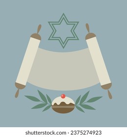 Vector Hanukkah template with torah, leaves and traditional food