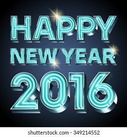 Vector Happy 2016 new year greeting card with blue neon tube text