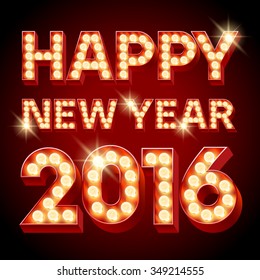 Tarjeta de bienvenida de Año Nuevo Vector Happy 2016 con texto de lámpara roja