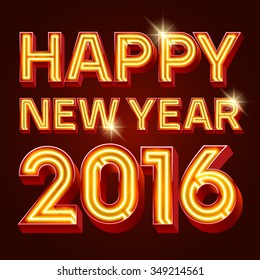 Vector Happy 2016 new year greeting card with bright neon tube text