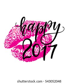 Vector Happy 2017 phrase with a lipstick imprint. New Year card. Holiday poster template.