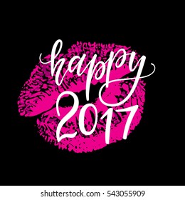 Vector Happy 2017 phrase with a lipstick imprint. New Year card. Holiday poster template.