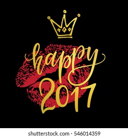 Vector Happy 2017 phrase with a lipstick imprint. New Year card. Holiday poster template with a crown.