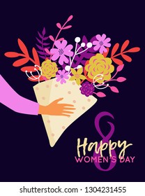 Vector Happy 8 March illustration with hands holding bouquet of flowers. Trendy International Women's Day greeting card, poster, flyer.