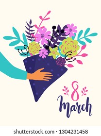 Vector Happy 8 March illustration with hands holding bouquet of flowers. Trendy International Women's Day greeting card, poster, flyer.