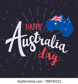 Vector Happy Australia day lettering with silhouette map and flag