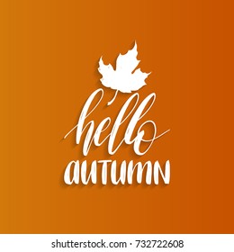 Vector Happy Autumn hand lettering. Maple leaf illustration on yellow background. Typography poster.
