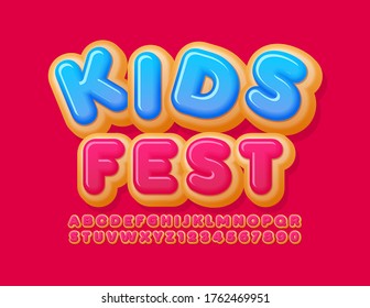 Vector happy banner Kids Fest with tasty Donut Font. Sweet pastry Alphabet Letters and Numbers