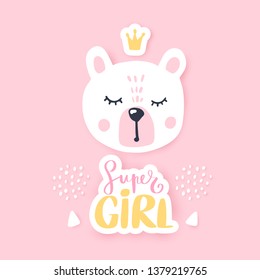 Vector Happy bear girl with crown. Awesome teddy bear. Doodle kids animals print. Funny character. Cute illustration, trendy design.