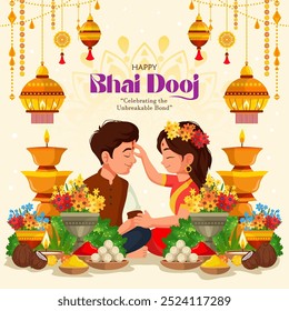 vector of happy bhai dooj for Indian cultural, occasion background with puja thali decoration