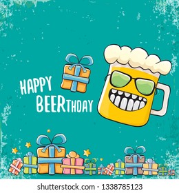 vector happy birtday greeting card with beer mug and text Happy Beerthday . Happy birthday party celebration poster with funky beer character and gifts