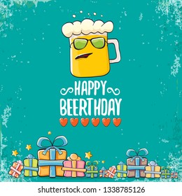 vector happy birtday greeting card with beer mug and text Happy Beerthday . Happy birthday party celebration poster with funky beer character and gifts