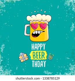 vector happy birtday greeting card with beer mug and text Happy Beerthday . Happy birthday party celebration poster with funky beer character and gifts