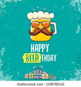 vector happy birtday greeting card with beer mug and text Happy Beerthday . Happy birthday party celebration poster with funky beer character and gifts