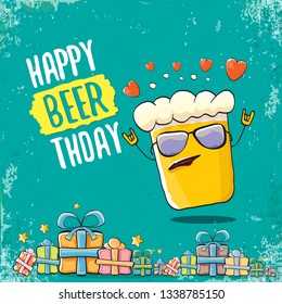 vector happy birtday greeting card with beer mug and text Happy Beerthday . Happy birthday party celebration poster with funky beer character and gifts