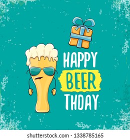 vector happy birtday greeting card with beer mug and text Happy Beerthday . Happy birthday party celebration poster with funky beer character and gifts