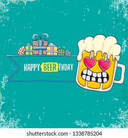 vector happy birtday greeting card with beer mug and text Happy Beerthday . Happy birthday party celebration poster with funky beer character and gifts
