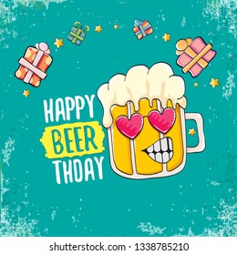 vector happy birtday greeting card with beer mug and text Happy Beerthday . Happy birthday party celebration poster with funky beer character and gifts