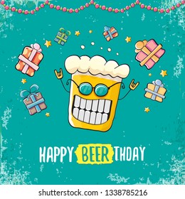 vector happy birtday greeting card with beer mug and text Happy Beerthday . Happy birthday party celebration poster with funky beer character and gifts