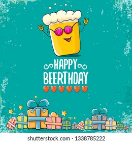 vector happy birtday greeting card with beer mug and text Happy Beerthday . Happy birthday party celebration poster with funky beer character and gifts