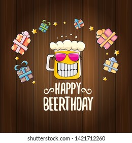 Vector Happy Birtday Greeting Card With Beer Mug And Text Happy Beerthday On Wooden Background. Happy Birthday Party Celebration Poster With Funky Beer Character And Gifts