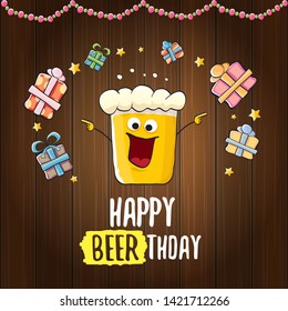 Vector Happy Birtday Greeting Card With Beer Mug And Text Happy Beerthday On Wooden Background. Happy Birthday Party Celebration Poster With Funky Beer Character And Gifts