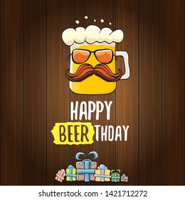 vector happy birtday greeting card with beer mug and text Happy Beerthday on wooden background. Happy birthday party celebration poster with funky beer character and gifts