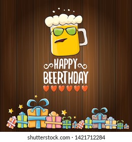 vector happy birtday greeting card with beer mug and text Happy Beerthday on wooden background. Happy birthday party celebration poster with funky beer character and gifts