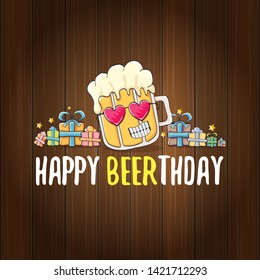 vector happy birtday greeting card with beer mug and text Happy Beerthday on wooden background. Happy birthday party celebration poster with funky beer character and gifts