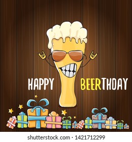 vector happy birtday greeting card with beer mug and text Happy Beerthday on wooden background. Happy birthday party celebration poster with funky beer character and gifts