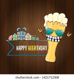 vector happy birtday greeting card with beer mug and text Happy Beerthday on wooden background. Happy birthday party celebration poster with funky beer character and gifts