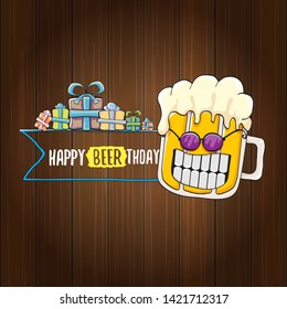 Vector Happy Birtday Greeting Card With Beer Mug And Text Happy Beerthday On Wooden Background. Happy Birthday Party Celebration Poster With Funky Beer Character And Gifts