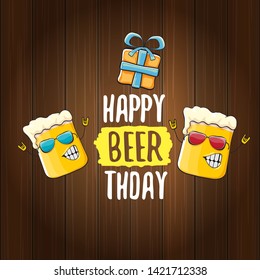 vector happy birtday greeting card with beer mug and text Happy Beerthday on wooden background. Happy birthday party celebration poster with funky beer character and gifts
