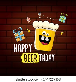 vector happy birtday greeting card with beer mug and text Happy Beerthday on brick wall background. Happy birthday party celebration poster with funky beer character and gifts