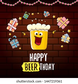 vector happy birtday greeting card with beer mug and text Happy Beerthday on brick wall background. Happy birthday party celebration poster with funky beer character and gifts