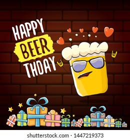 vector happy birtday greeting card with beer mug and text Happy Beerthday on brick wall background. Happy birthday party celebration poster with funky beer character and gifts