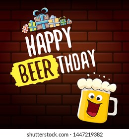 vector happy birtday greeting card with beer mug and text Happy Beerthday on brick wall background. Happy birthday party celebration poster with funky beer character and gifts