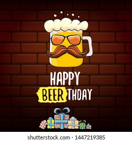 vector happy birtday greeting card with beer mug and text Happy Beerthday on brick wall background. Happy birthday party celebration poster with funky beer character and gifts