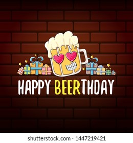 vector happy birtday greeting card with beer mug and text Happy Beerthday on brick wall background. Happy birthday party celebration poster with funky beer character and gifts