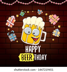 vector happy birtday greeting card with beer mug and text Happy Beerthday on brick wall background. Happy birthday party celebration poster with funky beer character and gifts