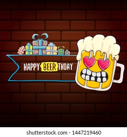 vector happy birtday greeting card with beer mug and text Happy Beerthday on brick wall background. Happy birthday party celebration poster with funky beer character and gifts