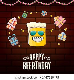 vector happy birtday greeting card with beer mug and text Happy Beerthday on brick wall background. Happy birthday party celebration poster with funky beer character and gifts