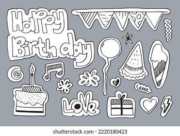 Vector happy birth day in doodle style sticker.