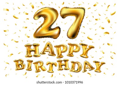 vector happy birthday 27rd celebration gold balloons and golden confetti glitters. 3d Illustration design for your greeting card, invitation and Celebration party of twenty seven 27 years anniversary