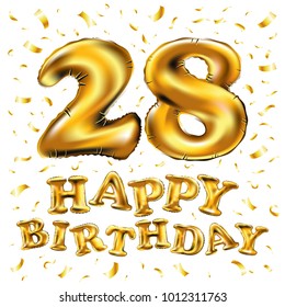vector happy birthday 28rd celebration gold balloons and golden confetti glitters. 3d Illustration design for your greeting card, invitation and Celebration party of twenty eight 28 years anniversary