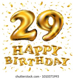 vector happy birthday 29rd celebration gold balloons and golden confetti glitters. 3d Illustration design for your greeting card, invitation and Celebration party of twenty nine 29 years anniversary