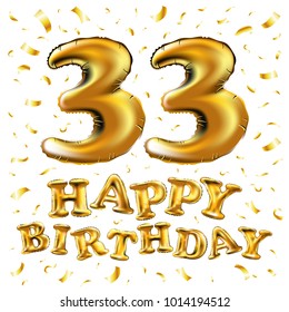 vector happy birthday 33d celebration gold balloons and golden confetti glitters. 3d Illustration design for your greeting card, invitation and Celebration party of thirty three 33 years